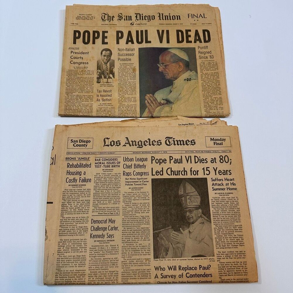 Lot (2) Historical Headlines from Pope Paul VI’s Death August 7th, 1978